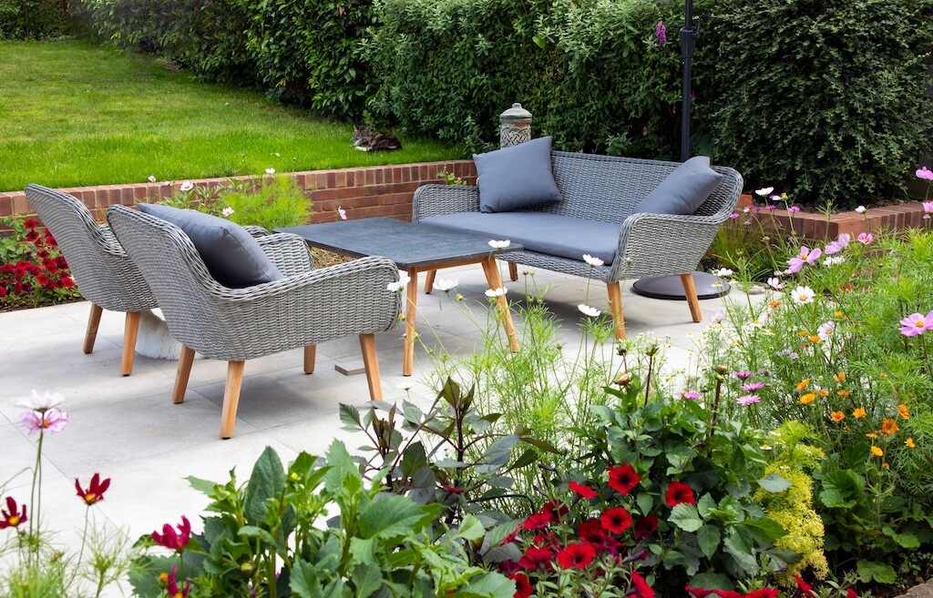 Garden seating next to the flower border