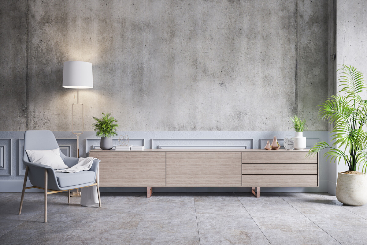 Loft interior design ,Wood Tv cabinet and gray chair on concrete wall with cement flooring , 3d render