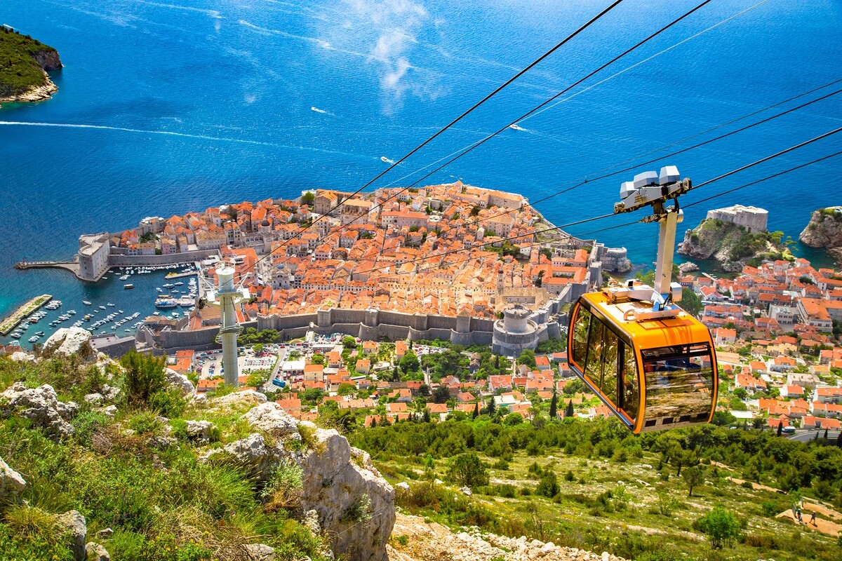 Aerial panoramic view of the old town of Dubrovnik with famous Cable Car on Srd mountain on a sunny day with blue sky and clouds in summer, Dalmatia, Croatia