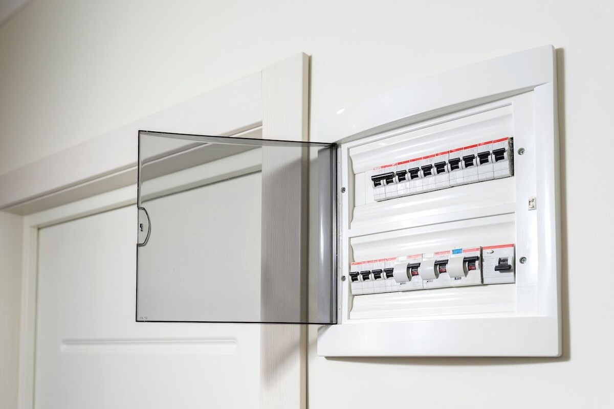 electrical panel in the apartment on a white wall. Fuse box