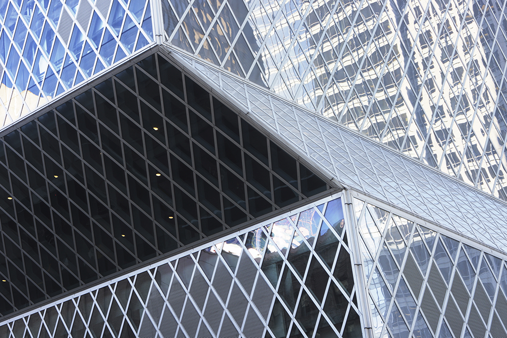 Glass building diamond shaped metal support