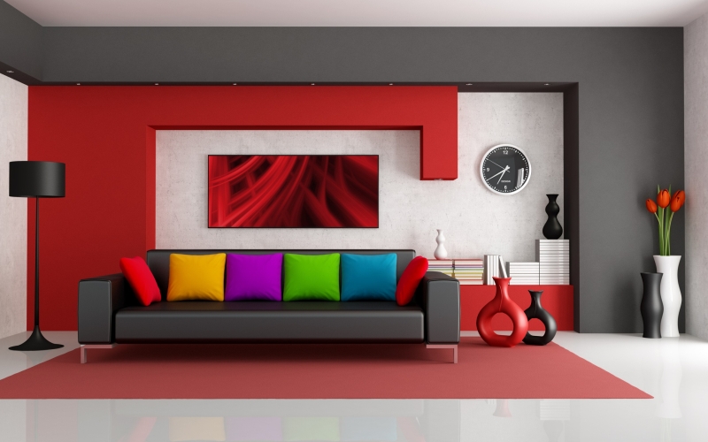 interier trendové farby zariadenie domácnosti kožená sedačka červená obývačka